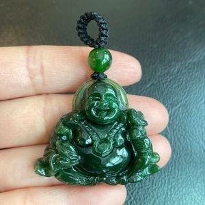 Natural Nephrite Jade Carving Laughing Buddha Loose Pendant Male Green